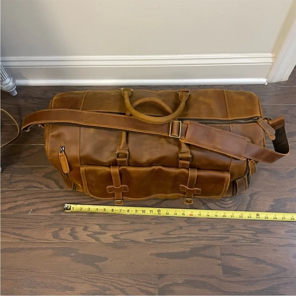 COGNAC LEATHER WEEKEND TRAVEL DUFFLE BAG LARGE